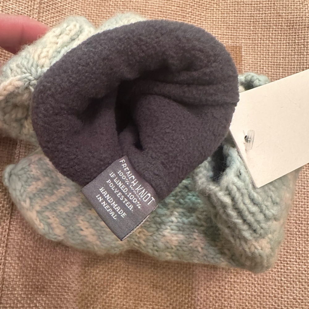 French Knot Hand Knit In Nepal Aqua Blue - Cream Convertible Wool Mittens - Picture 5 of 5
